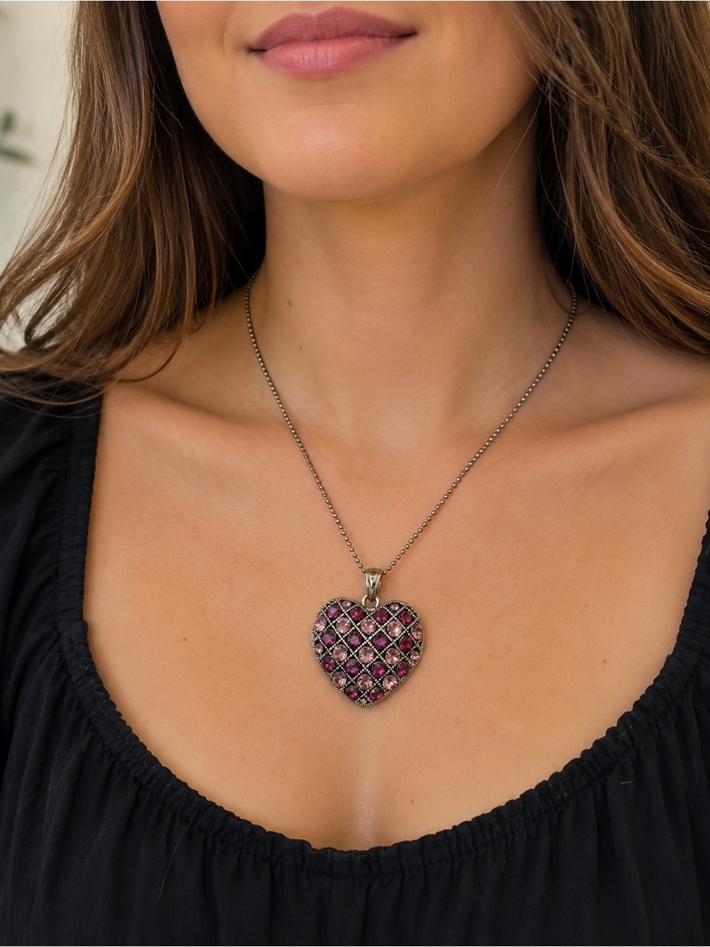 Vintage Style Purple Rhinestone Heart Pendant Necklace